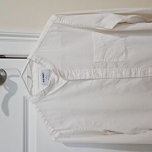 Band collar white linen blend shirt